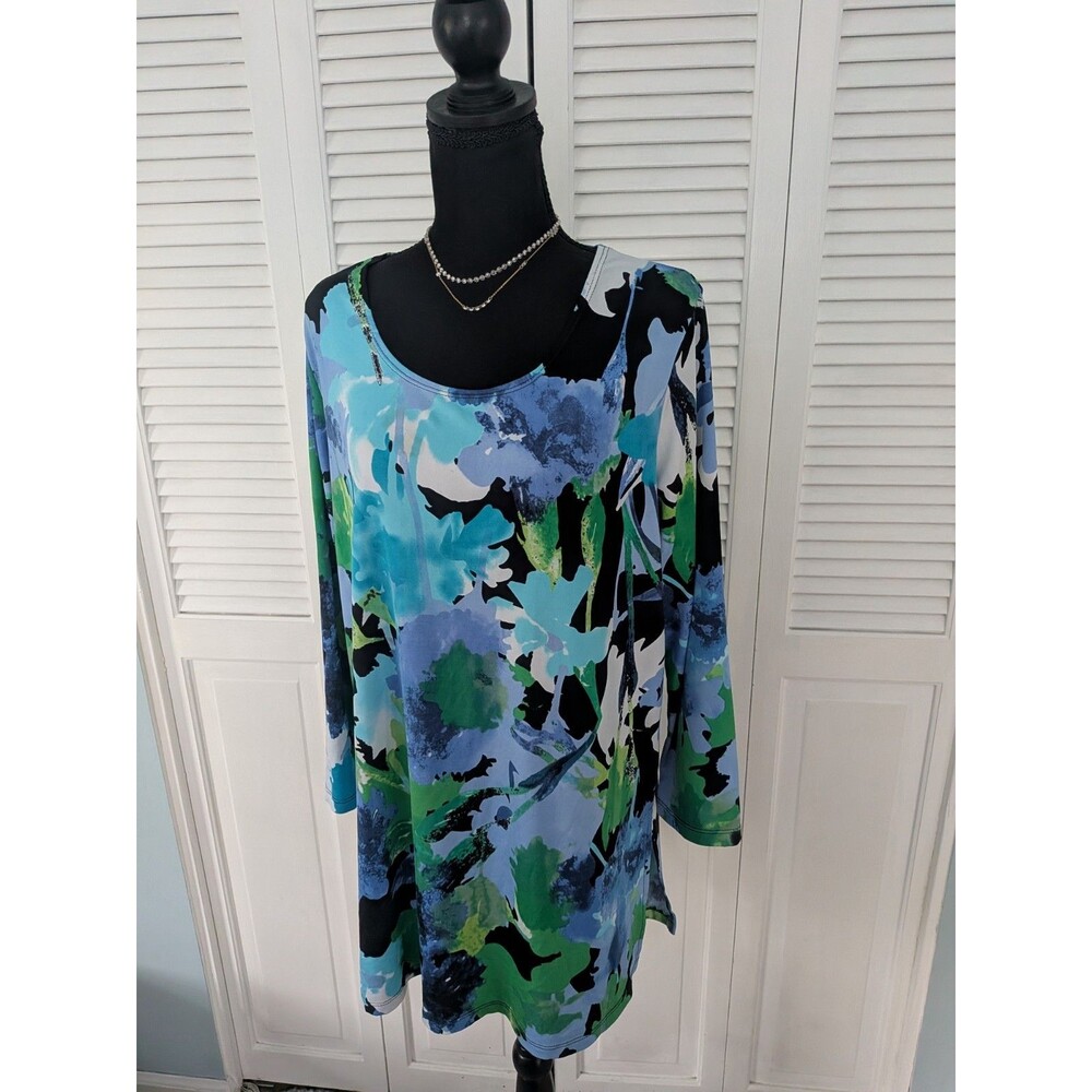 Slinky Brand Top Women L Blue Abstract Art To Wear Floral Tunic 3/4 Sleeve Knit